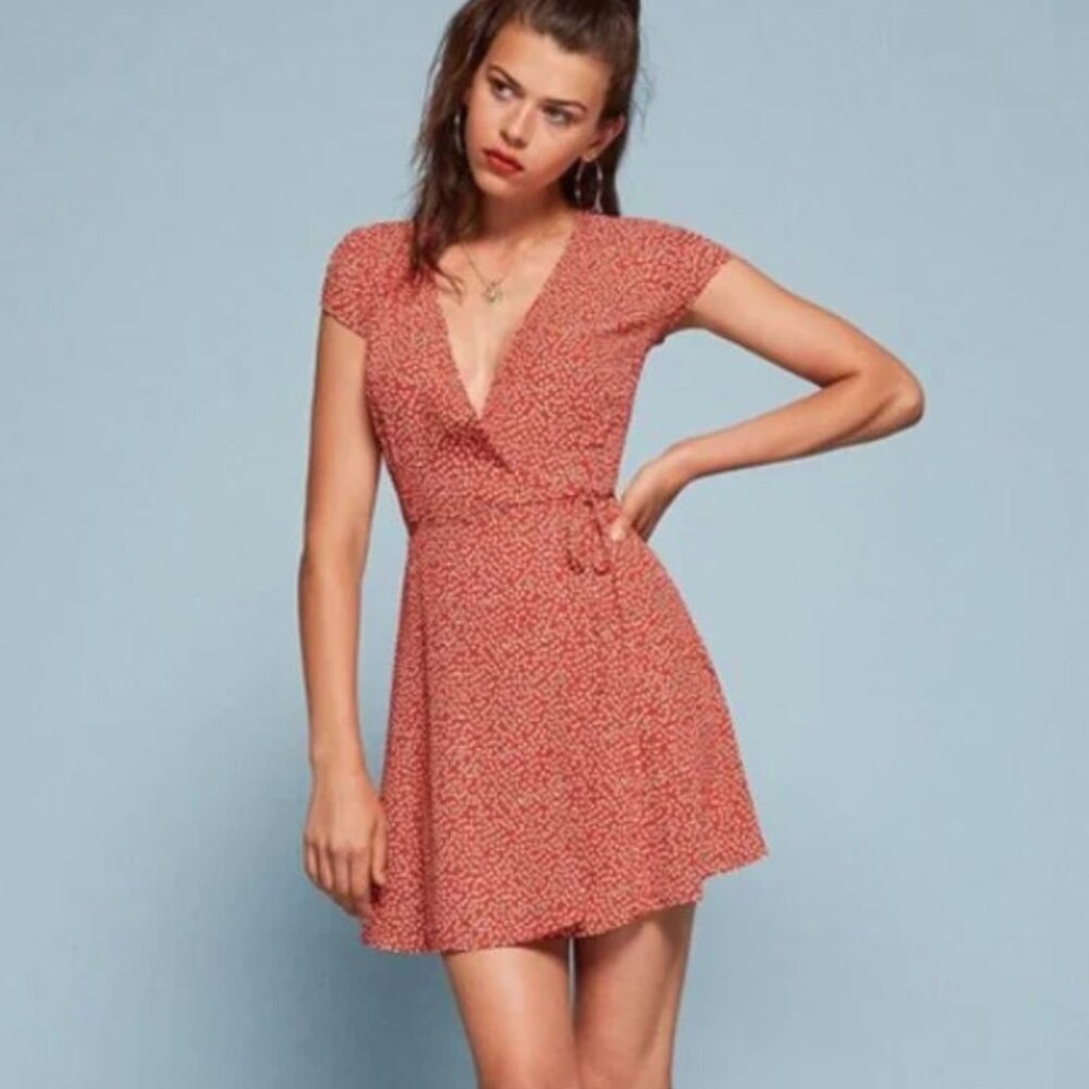 Reformation Orange Oyster Mini Wrap Floral Dress (Medium)